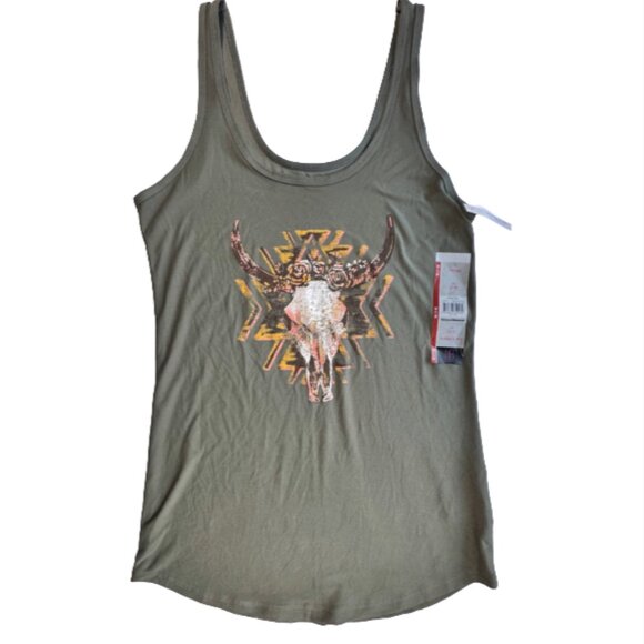 NEW - No Boundaries Green Bull Skull Floral Scoop Neck Tank - Picture 1 of 3